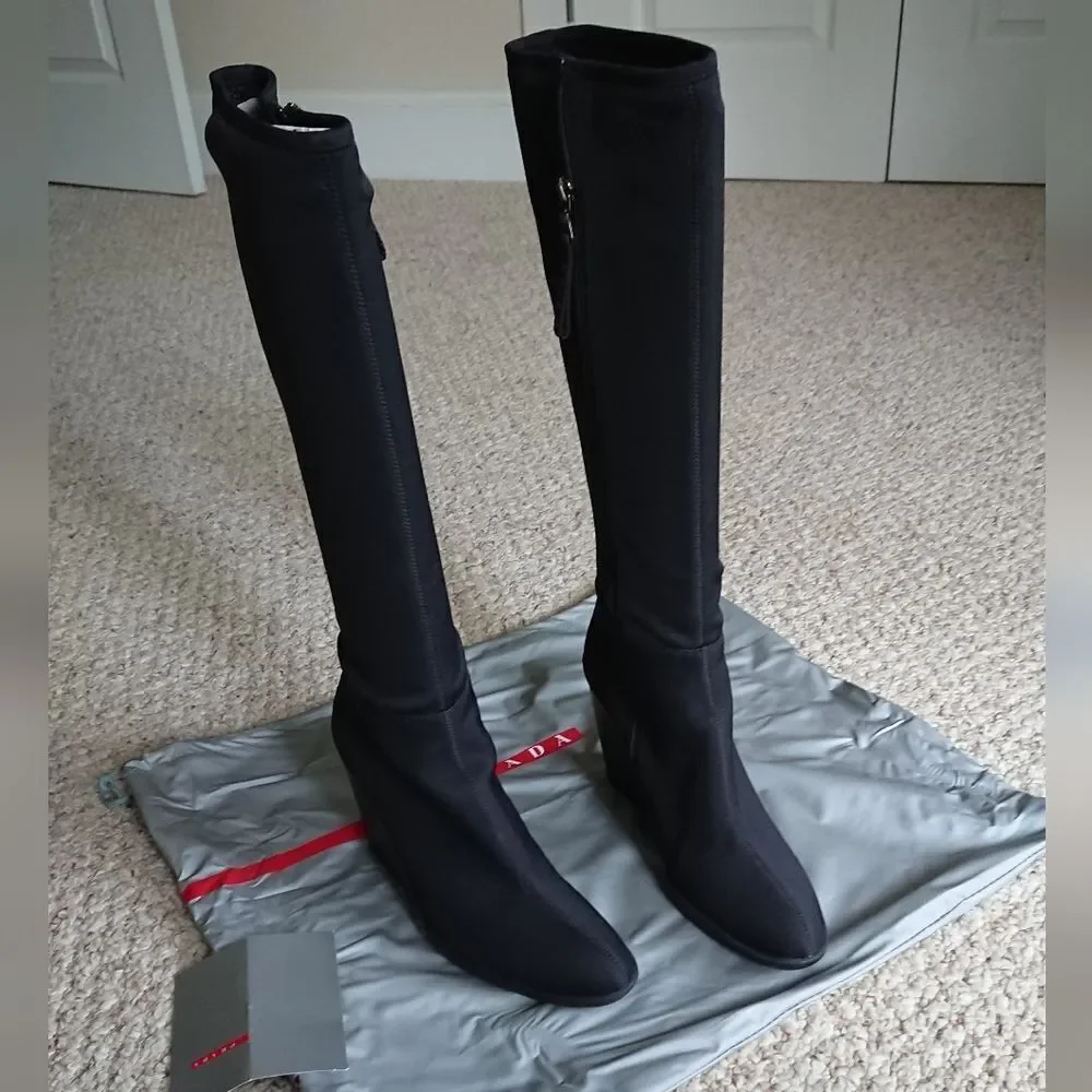 Prada black silk Radzmire fabric sporty knee high wedge boots size 6